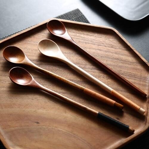 Household Wooden Long Straight Handle Round Mouth Coffee Stirring Spoon Honey Spoon Kitchen Spoon Spoon Wooden Tableware