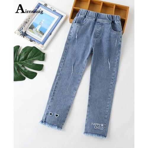 Children Jeans Casual Elastic Waist Demin Pants Streetwear 2021 Autumn Fashion Ripped Demin Trouser Kids Girls Jeans Pantalon