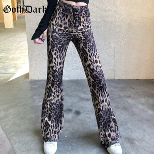 Goth Dark Vintage Gothic Aesthetic High Waist Grunge Flare Pants Punk Harajuku Bandage Women 90s Streetwear Leopard Trousers Emo