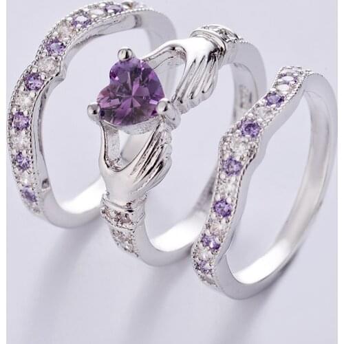 3pcs / Set Crada Heart Amethyst Wedding Ring Set Silver Plated Fashion Jewelry Bride Engagement Ring Anniversary Gift Size 6-10