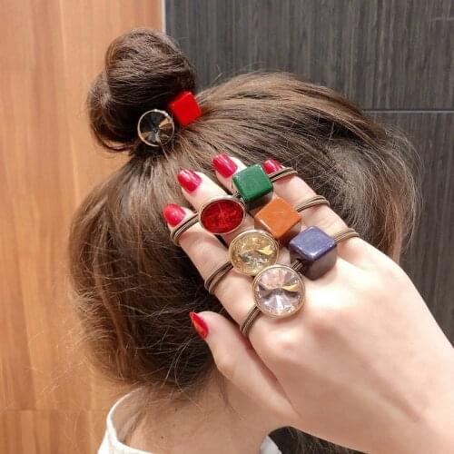 Korea Hair Ties Triangle Shape Shining Crystal Resin Cube Brown Double Knotted Elastic Hair Bands Hair Accessories Rubber Rings