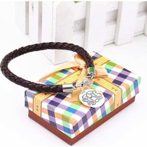 Brown Leather Bracelet With Monogrammed Charm Custom Silver Engraved Disc Bracelet Fashion Unisex Jewelry