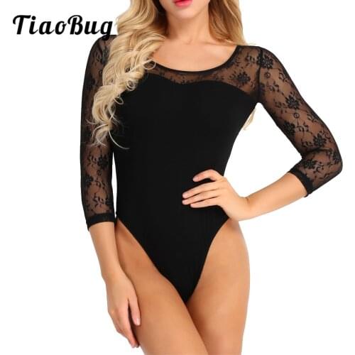 Women Girls Ballet Dance Leotards 3/4 Long Sleeve Lace Gymnastics Leotard