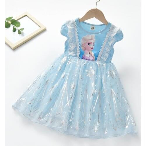 Summer Kids Dresses for Girls Frozen Elsa Princess Costume Lace Mesh Little Children Vestidos Birthday Party Kids Outfits
