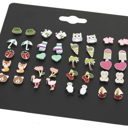 L93F 20 Pairs Cute Animal Fruit Flamingo Stud Earrings Set For Kids Girls Jewelry