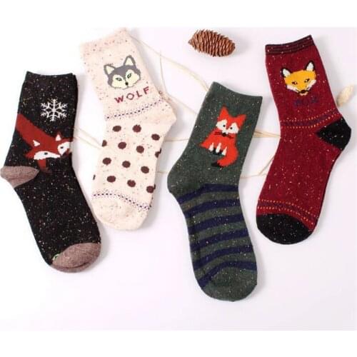 Korean Thick Wool Cotton Women Girl Knitting Socks Winter Harajuku Animal Fox Wolf Striped Crew Sox For Christmas Gift