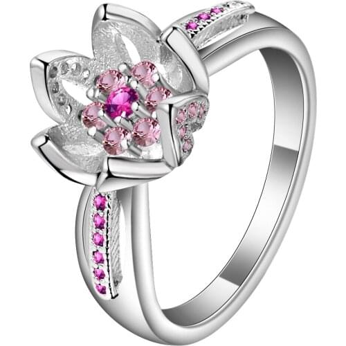 2017 New Collection Authentic Mystic Floral Flower Stackable Ring pink CZ crystal Silver color rings Jewelry