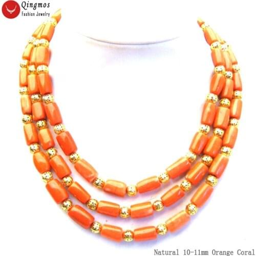 Qingmos 10-11MM Thick Slice Natural Orange Coral Necklace for Women with 8mm Round Ball GP Beads 18-20" 3 Strands Necklace n5770