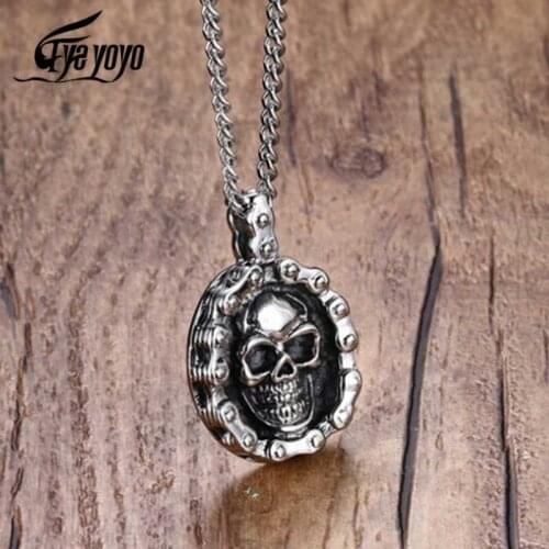 Eyeyoyo Skull Pendant Cool Heavy Bicycle Chain Skull Motorcycles Engine Pendant Stainless Steel Motor Biker For Man Punk Jewelry