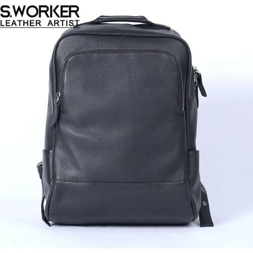 S.WORKER Casual Genuine Leather Backpack Full-Grain leather 15.6‘’ Laptop Shoulder Bag Travel School Bag Fashion Weekender Bag