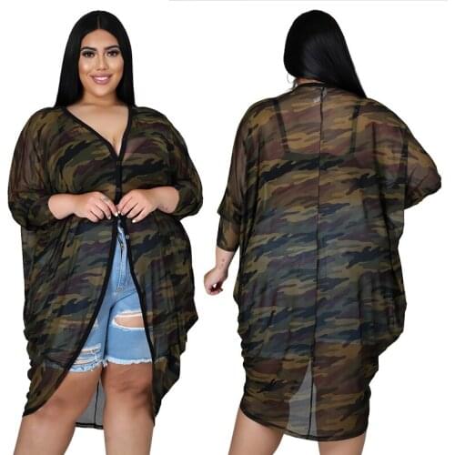 Plus Size Tops and Blouses Tunic Loose Women Long Sleeve Camouflage Printed Mesh See Through Sexy Vintage Top 4XL 5XL Fall