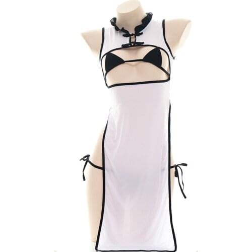 Vintage Hollow out semi-transparent Cheongsam Long Dress Nightdress Cosplay Maid Sexy Lolita Bandage Panties Underwear Set