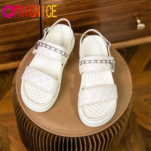 Orignice Women Cow Leather Chunky Sandals Gladiator Metal Buckle Ankle Straps Summer Peep Toe Platform Flats Handmade Shoes