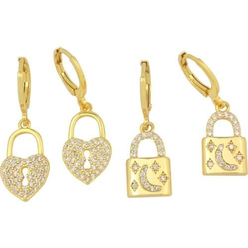 Zircon Heart Padlock Earrings for Woman Cubic Zirconia Jewelry Ladies Party Gifts 24k Gold Lock Moon Star White Stone Earrings