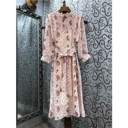 Vintage Print Dress New 2021 Spring Summer High Quality Women Stand Neck Pleated Patchwork Long Sleeve Casual Cotton Dress