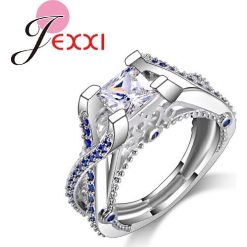 Fashion New Elegant Party Jewelry Blue Crystal Square CZ Crystal 925 Sterling Silver Engagement Ring for Women