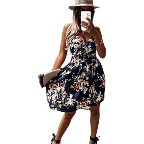 2021 Hot-Selling Womens Summer New Style Good Quality Halter Waist Floral Print Sleeveless Suspender V-Neck Dress