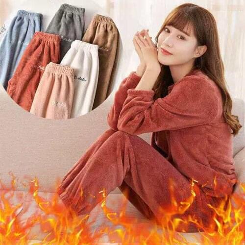 Winter Warm Pajama Sets For Women New Japanese Style 2020 Comfortable Practical Coral Fleece Thick Pullovers Tops+Pants 2 Piece
