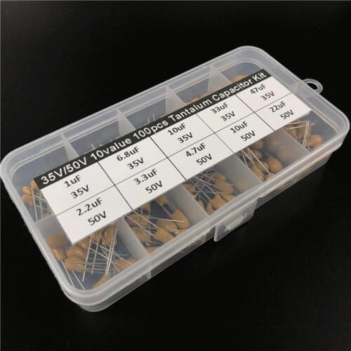 10values 100pcs 35V/50V 1uF 2.2uF 3.3uF 4.7uF 6.8uF 10uF 22uF 33uF 47uF tantalum capacitor assorted kit with storage box