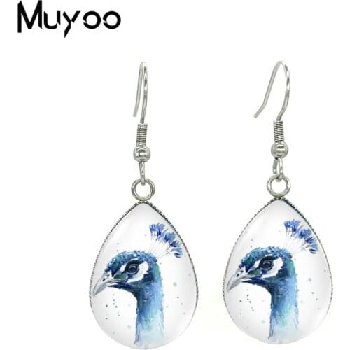 2020 New Peacock Feather Earring Tear drop Earring Peacocks Hook Earrings Glass Cabochon Picture Jewelry Art Earrings