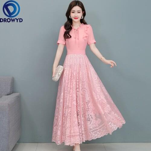 2021 Pink Chiffon Lace Stitching Dress Plus Size Bodycon Party Women Maxi Vestido Summer Vintage Casual Beach Elegant Midi Dress