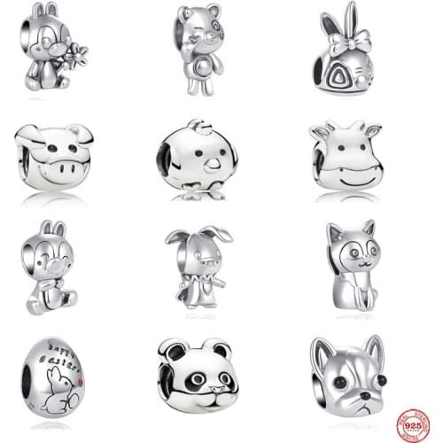 New DIY Animal Beads 925 Sterling Silver Rabbit Panda Dog Pig Bird Charms fit Pandora Original Bracelet Accessories European