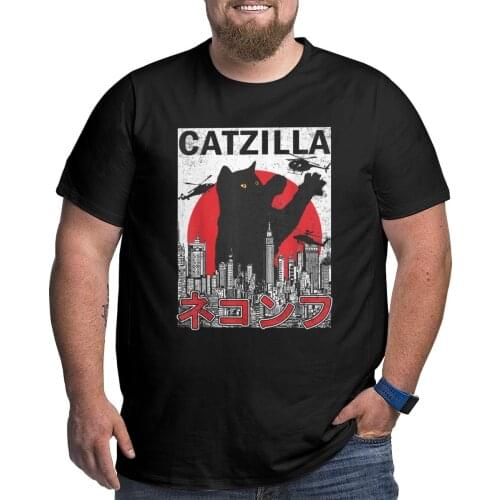 Catzilla Japanese Cat Kitten Lover T-Shirts Men Funny Cotton Big Tall Tee T Shirts Plus Size Big Size Large 4XL 5XL 6XL Clothing