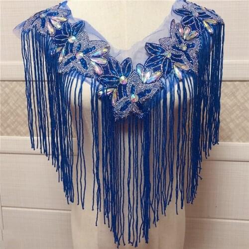 Hot sale new many color single side wedding embroidered beaded collar with beaded tassels appliques neckline with fringe