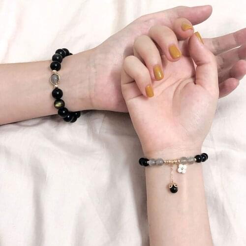 Izia lucky] natural Obsidian gold Obsidian bracelet for female lovers a pair of commemorative gifts simple Bracelet