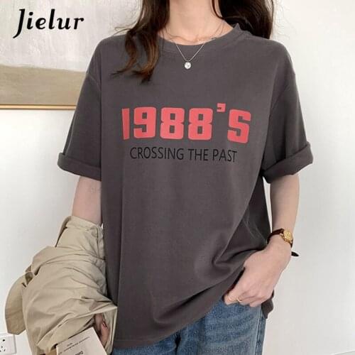Jielur Letter Printed Womens T-shirts O-Neck Korean Style Loose T-shirt for Women Casual Street Hot BF Femme Tops Harajuku S-XL