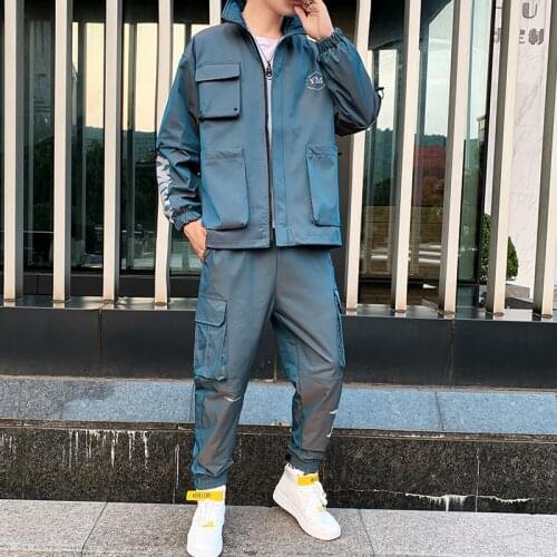Tracksuit Spring Autumn Casual Hooded Workwear Jacket Sets Mens Korean Trend Solid Color Coats&Pants Suits Top Sportswear Cloth