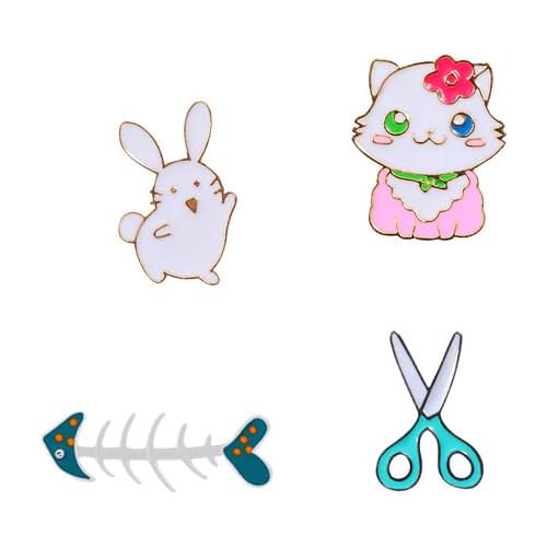 Cute Cartoon Brooch For Women Metal Enamel Jewelry Fish Bone Cat Rabbit Scissors Hyacinth Flower Hijab Pin Men Shirt Lapel Badge