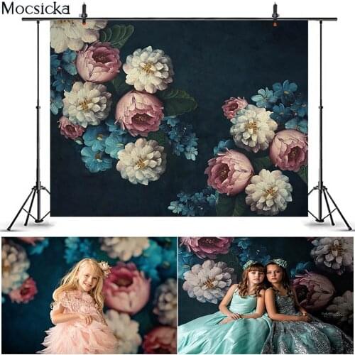 MOCSICKA Blooming Flowers Oil Painting Photography Backdrops Vintage Floral Baby Kids Portrait Blue Backgrounds for Photo Studio