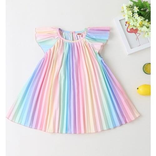 FOCUSNORM 0-3Y Infant Baby Girls Princess Dress Rainbow Tie-Dye Printed Striped Round Neck Fly Sleeve Mini Dress