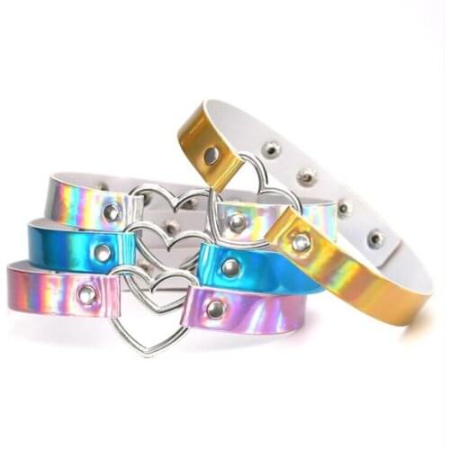PU Leather Choker Necklace Gift For Women Choker Heart Metal Laser Collar Chocker Fashion Jewelry Colorful Leather D684