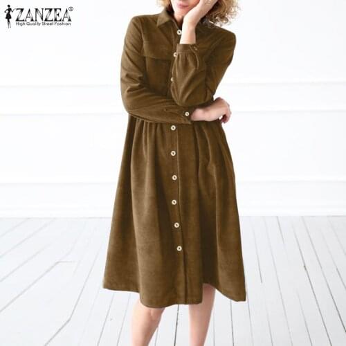ZANZEA 2021 Kaftan Corduroy Shirt Dress Women Casual Sundress Long Sleeve Knee Length Vestidos Female Button Pleated Robe Femme