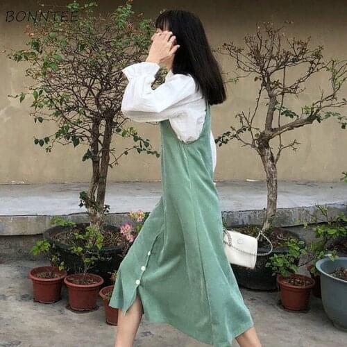 Dresses Women Vintage Green French Cute Empire Mid-calf Straps Soft Button Tender Mujer Sweet College All-match Fashion Casual