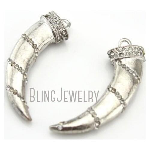 H-SP60 Silver Solid Metal Horn Tusk Pendant,Rhinestone Paved Horn Tusk Charm