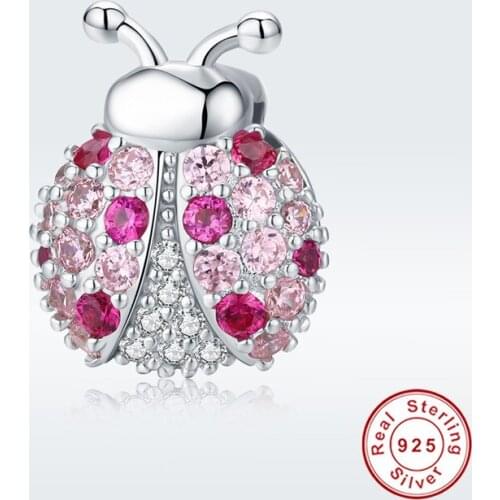 Fit Europe Bracelet Original 925 Sterling Silver Pink Ladybird Beads S925 Cute Beetle Zircon Ladybug Charms for Jewelry Making