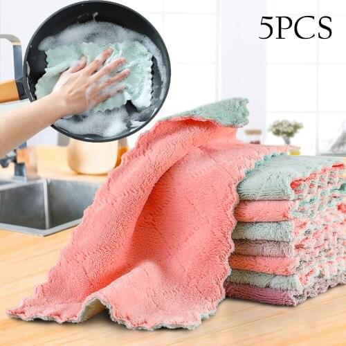 5pcs Is Cheaper Double-layer Absorbent Microfiber Kitchen Dish Cloth Non-stick Oil Household Cleaning Wiping Towel Kichen Tool