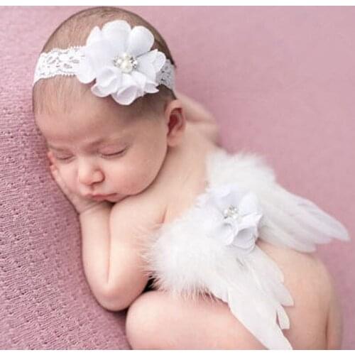 Girl Angel Feather Wings with Lace Flower Headband Fashion Newborn Baby Photo Props Fairy Hair Accessories HB253