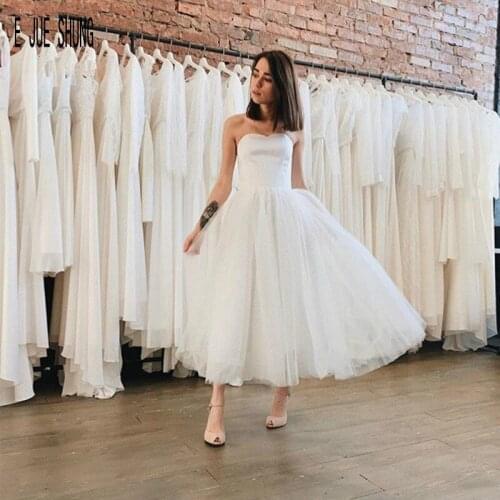 E JUE SHUNG Simple Short Wedding Dress Strapless Neck Puffy Bridal Gowns Custom Size Robe De Mariée
