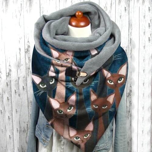 Fashion Winter Women Cat Printing Button Soft Wrap Casual Warm Scarves Shawls Buckle Imitation Cashmere Print Scarf Wraps шарф