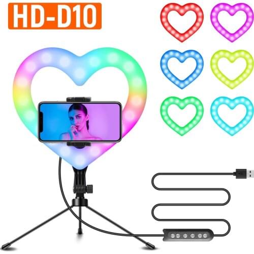 RGB LED heart-shaped ring light 10 inch with table tripod bracket kit for mobile phone selfie video dimmable makeup video live