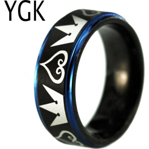 YGK Jewelry Lovers Ring KIngdoms Hearts Wedding Anniversary Date Logos Jewelry 8mm Blue With Blue Step Mens Tungsten Ring