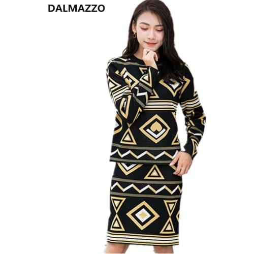 High Quality Womens Print Pattern Knitted Sweaters Skirt Suit Tops + Half Skirt 2 Pieces Sets 2019 Newest Autumn Clothes Suits
