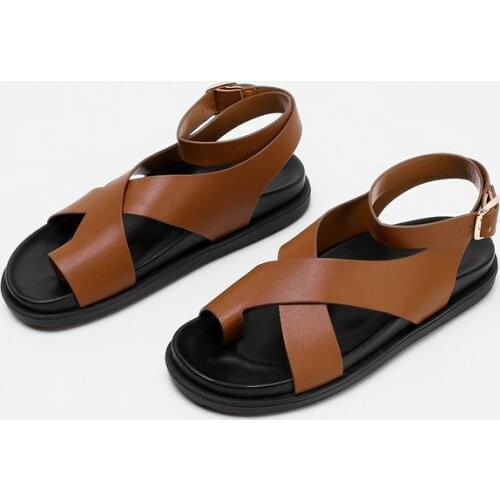 QZYERAI 2021 New Genuine Leather Sandals Women Shoes Fashion Flat Sandals Cow Leather Summer Buckle Ladies Shoes