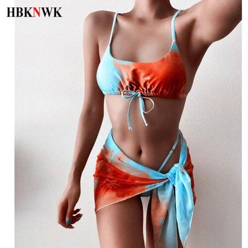 Swimsuits Women Tie dye Print Bikini 3 piece Set 2020 Sexy Mesh Halter Swimwear Female Triangle bathing suit biquini Beach wear