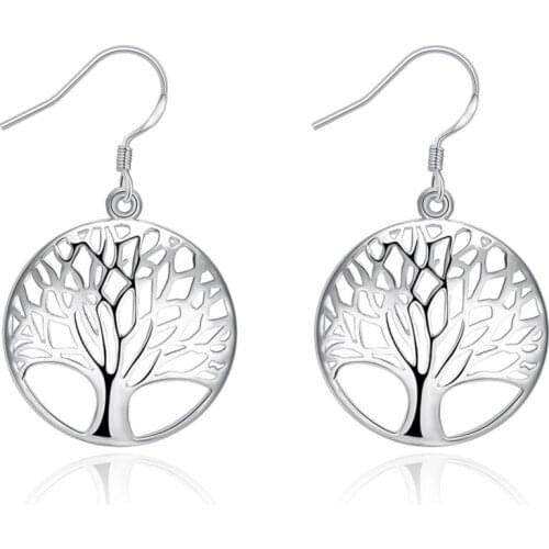 New 925 Silver Color Earrings Tree of Life Womens Hollow Carved Plant Earrings Wedding Gifts Fashion Jewelry