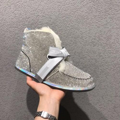Fashion Women Silver/gold Rhinestone Snow Boots Fur Ankle Short Boots Warm Winter Wool Boots Woman Slip on Bow Flats Shoes